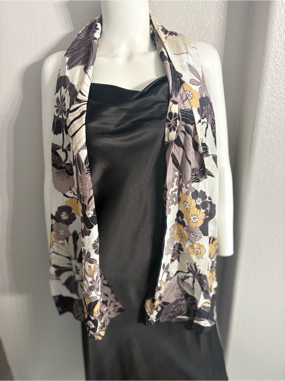 Floral Lightweight Scarf in Black, Cream & Mustard